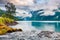 Dramatic summer view of Lovatnet lake, municipality of Stryn, Sogn og Fjordane county, Norway. Colorful rainy scene in Norway.