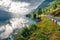 Dramatic summer view of Lovatnet lake, municipality of Stryn, Sogn og Fjordane county, Norway. Impressive rainy scene in Norway. B