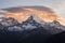 Dramatic sunrise over the Annapurna peak in the Himalayas in Nepal, view from Poon Hill