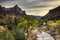 dramatic sunrise in Watchman and Virgin river landscape taken in Zion national Park in Utah during autumn.