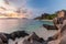 Dramatic sunset at Anse Source d`Argent beach, La Digue island, Seychelles