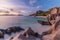 Dramatic sunset at Anse Source d`Argent beach, La Digue island, Seychelles