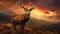 Dramatic sunset with beautiful sky over mountain range giving a strong moody landscape and red deer stag looking strong and proud