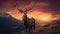 Dramatic sunset with beautiful sky over mountain range giving a strong moody landscape and red deer stag looking strong and proud