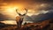 Dramatic sunset with beautiful sky over mountain range giving a strong moody landscape and red deer stag looking strong and proud