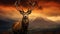 Dramatic sunset with beautiful sky over mountain range giving a strong moody landscape and red deer stag looking strong and proud