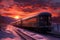 dramatic sunset behind the polar express train in winter