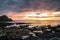 Dramatic sunset on the Giant`s Causeway coast, Northern Ireland