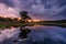 Dramatic sunset in NP The Maasduinen. With reflection in the water and heather blooming.