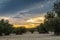 Dramatic sunset over an agricultural landscape of olive trees in Madrid. The cloudscape is creating a magic and impressive sky ful