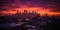 Dramatic sunset over city. Skyline with deep purple, red, orange, yellow clouds colors. AI generated.