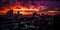 Dramatic sunset over city. Skyline with deep purple, red, orange, yellow clouds colors. AI generated.