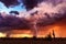 Dramatic sunset sky with storm clouds and lightning over the Arizona desert.