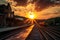 dramatic sunset, with train station platform in the foreground and the sun sinking below the horizon