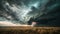 A dramatic thunderstorm brewing over a vast. open landscape. with lightning illuminating the sky and dark clouds swirling