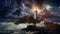 A dramatic thunderstorm over a coastal lighthouse with waves crashing against the rocks