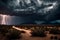 A dramatic thunderstorm over a desert landscape, with lightning illuminating the arid expanse below