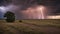 A dramatic thunderstorm over a vast, open prairie with lightning streaking across the