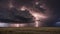 A dramatic thunderstorm over a vast, open prairie with lightning streaking across the