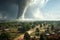 Dramatic top-down perspective of a bright-toned city with a tornado swirling overhead