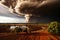 Dramatic Tornado Causing Havoc and Destruction in Villages, Amidst an Ominous Stormy Sky