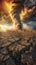 Dramatic tornado over a cracked desert landscape at sunset