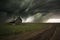 dramatic tornado swirling across open farmland