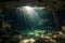 Dramatic underwater cave sunlight shining nature. Generate Ai