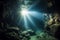 Dramatic underwater cave sunlight shining rocks. Generate Ai