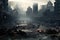 Dramatic urban landscape with burning buildings and a river in the foreground, AI Generated