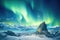 dramatic view of a bright aurora above glacier-covered mountains