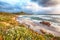 Dramatic  view of  Capo San Marco Lighthouse on Del Sinis peninsula