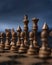 Dramatic view of chess pieces with focus on King