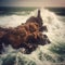 Dramatic view of coastal cliff with crashing wave and lighthouse