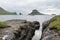 Dramatic view on Drangarnir and Tindholmur sea stacks