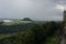 Dramatic view from Konigstein fortress to the Lilienstein with dramatic sky