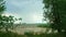 Dramatic view of storm clouds above river and its shores. View of rain in the middle of wavy river.