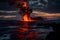 A dramatic volcanic eruption with lava flowing into the ocean, creating steam and fiery red and orange glows against the night sky