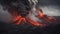 A dramatic volcanic landscape with lava flowing and plumes of smoke rising into the