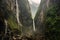 dramatic waterfall along steep mountain trek