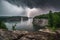 dramatic waterfall scene with stormy skies and lightning bolts during thunderstorm