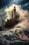 dramatic waves crashing against a lighthouse
