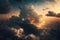 Dramatic white clouds and blue sky from airplane window view. Colorful sunset cloudscape background.