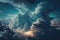 Dramatic white clouds and blue sky from airplane window view. Colorful sunset cloudscape background.