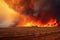 Dramatic wildfire tearing through an agricultural field, the fiery horizon and smoke against the dark red sky. Generative AI