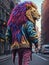 dramatically detailed scene, a humanoid with a lion\\\'s features gracefully walks along the city street.