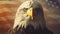 Dramatically Lit Close-up of an American Bald Eagle Head Over An American Flag Abstract Background - Generative AI