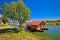 Drava river floating wooden cabin
