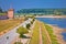 Drava river walkway in Osijek and Tvrdja walls view