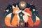 Draw character design depicts fox couple in love with small heart for Valentine\\\'s. Cartoon-styled loving animals with hearts